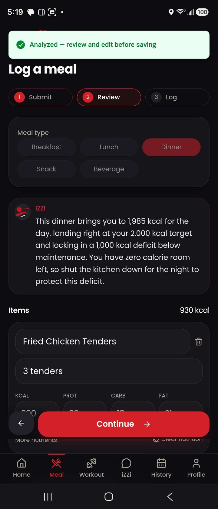 The HumAi Fit meal review screen with the analyzed items, editable macros, and a note from the coach iZZi