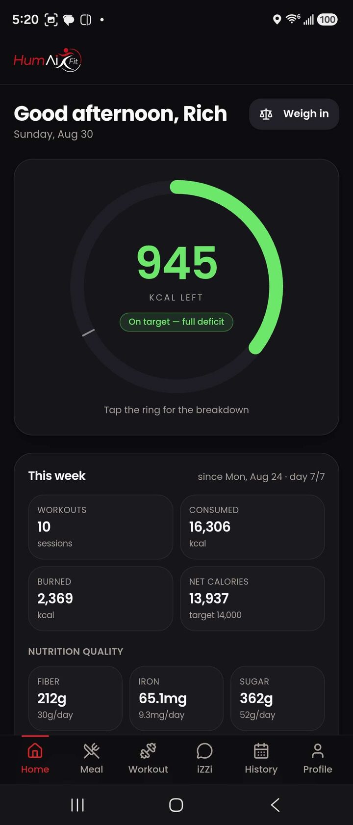The HumAi Fit home screen with a green calorie ring reading 945 kcal left and on target for a full deficit
